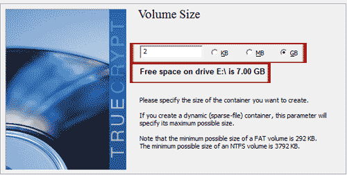 выбираем размер файла в truecrypt