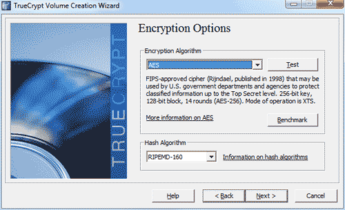 выбираем тип шифрования файла в truecrypt