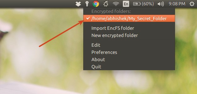 папка в окне всплывающего меню CryptKeeper