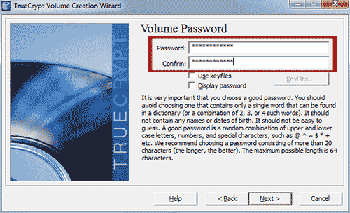 задаем пароль на файл в truecrypt