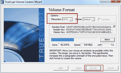 задаем типа файловой системы в truecrypt