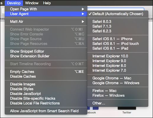 опция user agent в Safari
