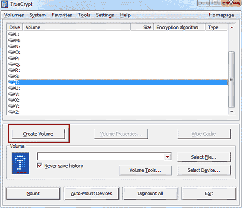 создаем виртуальный диск в truecrypt