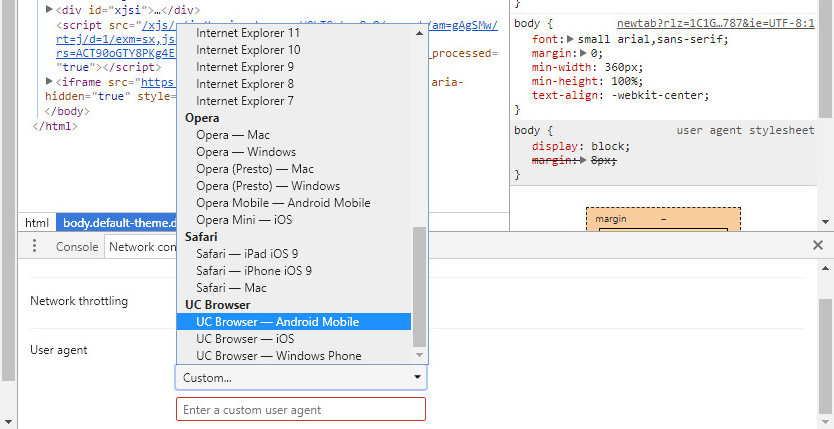 выбор User Agent в chrome меню «сетевые условия»